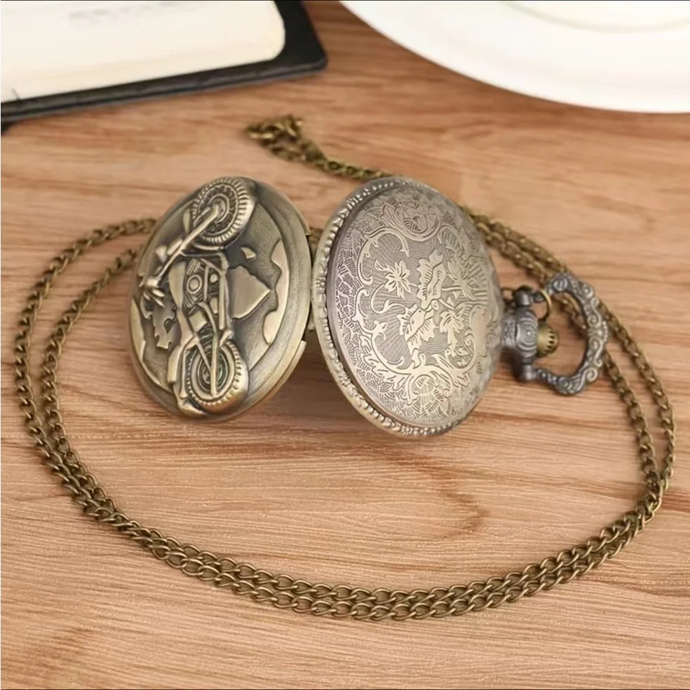 Motorcycle Pocket Watch Bronze Flip Open Pendant Chain Moto Steampunk Watch - Picture 7 of 16